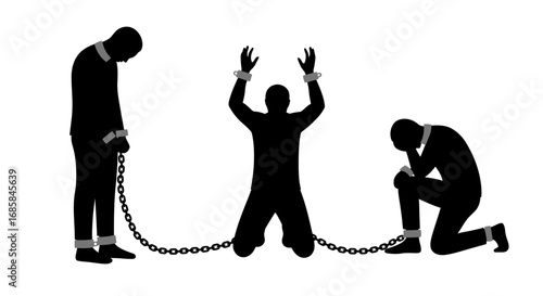 Silhouettes of three individuals chained together representing oppression captivity and the struggle for freedom against injustice