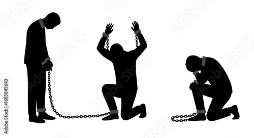 Silhouettes of three men in chains symbolizing oppression captivity and the struggle for freedom against adversity and hardship