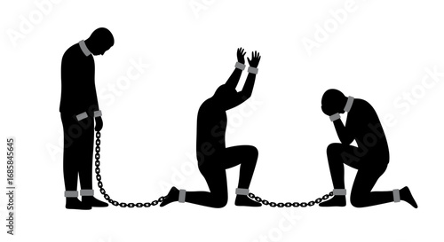 Silhouettes of three chained individuals in different poses of despair and subjugation against a white background symbolizing oppression and loss of freedom