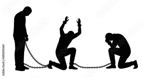 Silhouettes of three chained individuals in different poses symbolizing oppression struggle and despair against a stark white background