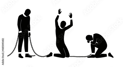 Silhouettes of three individuals chained together representing struggle oppression and the fight for freedom and liberation against adversity