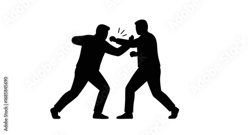 Two silhouetted figures engaged in a boxing match demonstrating a dynamic confrontation with visible motion and impact