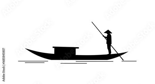 Silhouette of a lone fisherman wearing a conical hat poling a traditional wooden boat across calm water