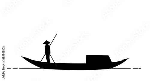 Silhouette of a lone fisherman wearing a conical hat standing on a traditional boat with a long pole against a white background