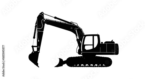 Black silhouette of a heavy duty excavator with a large bucket and tracks isolated on a clean white background for construction and industry concepts isolated on white background