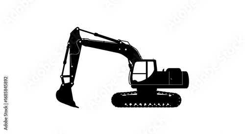 Black silhouette of a heavy duty excavator with a large bucket and tracks isolated on a clean white background for construction and industry concepts isolated on white background