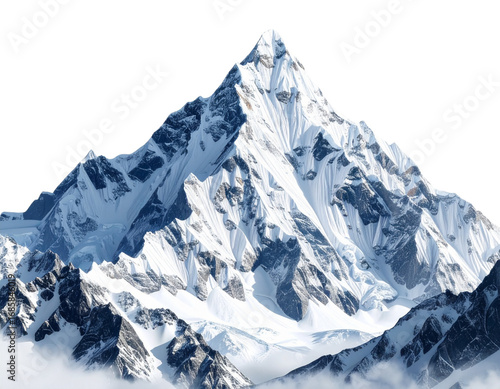 A majestic, snow-covered mountain peak isolated on a transparent background. perfect