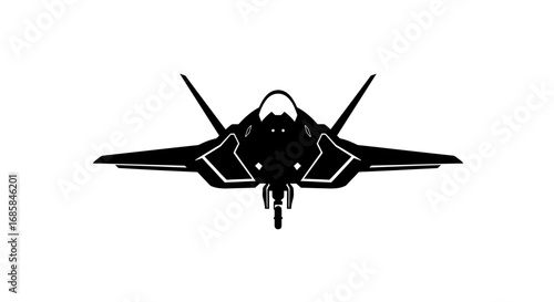 Modern stealth fighter jet in a dramatic black silhouette against a clean white background isolated on white background