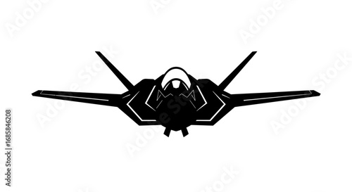 Modern stealth fighter jet in a dramatic black silhouette against a clean white background isolated on white background