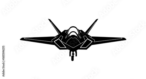 Modern stealth fighter jet in a dramatic black silhouette against a clean white background isolated on white background