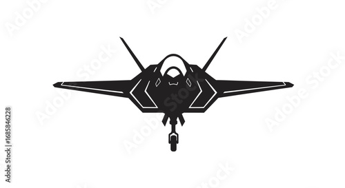 Modern stealth fighter jet in a dramatic black silhouette against a clean white background isolated on white background