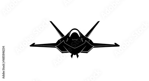 Modern stealth fighter jet in a dramatic black silhouette against a clean white background isolated on white background