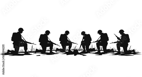 Silhouette of soldiers in uniform with rifles standing and kneeling on a battlefield with graves isolated on white background