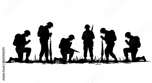 Silhouette of soldiers in uniform with rifles standing and kneeling on a battlefield with graves isolated on white background