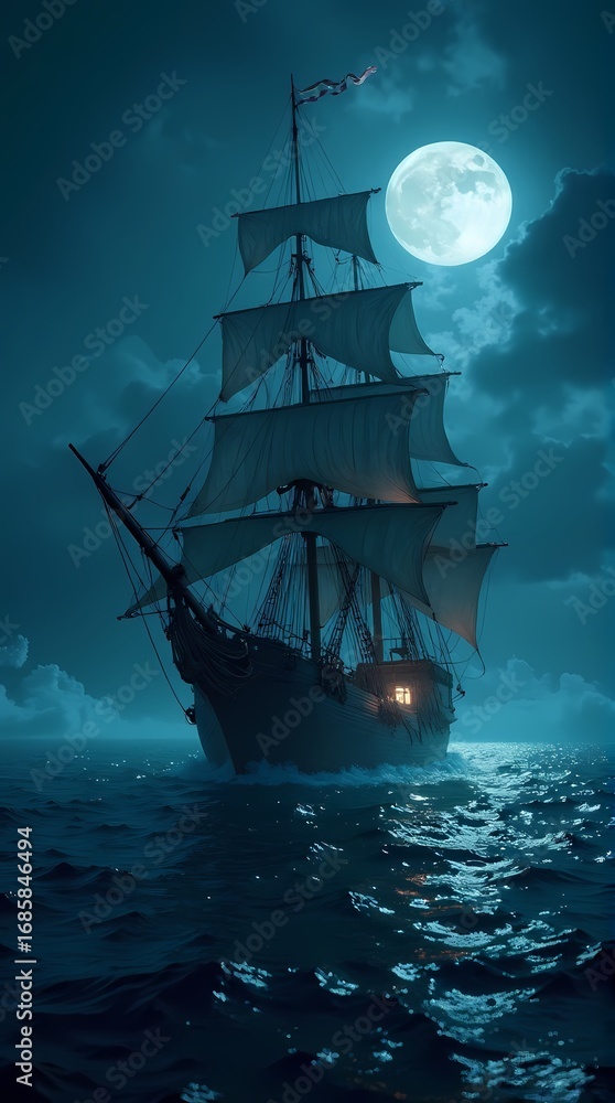 Fototapeta premium Dramatic Nighttime Tall Ship Sailing with Full Moon on the Ocean