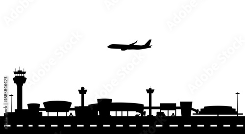 Dramatic silhouette of an airplane landing on a runway at an airport with control towers and buildings isolated on white background silhouette