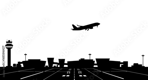 Dramatic silhouette of an airplane landing on a runway at an airport with control towers and buildings isolated on white background silhouette