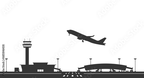 Dramatic silhouette of an airplane landing on a runway at an airport with control towers and buildings isolated on white background silhouette