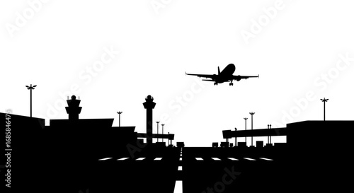 Dramatic silhouette of an airplane landing on a runway at an airport with control towers and buildings isolated on white background silhouette