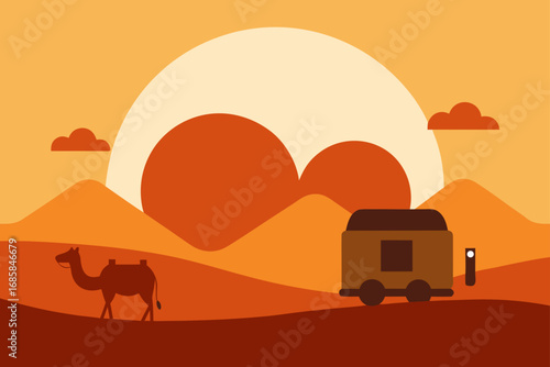 Vector silhouette of camels on a desert landscape with mountains under a setting sun