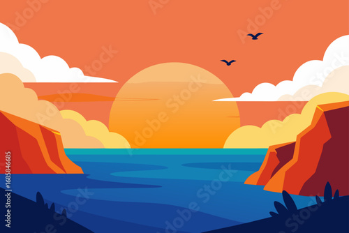 Golden sunset over the ocean, painting the sky with warm orange hues above the tranquil beach