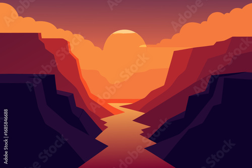 Vector illustration of a vibrant sunset over mountains, with the sky ablaze in red, orange, and yellow hues