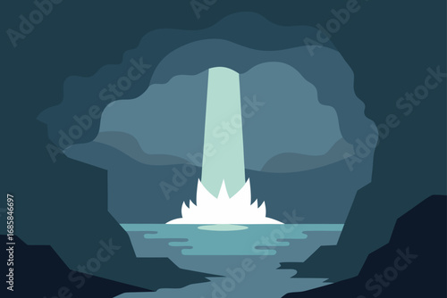 Washington Monument with flags and a sailboat on the horizon