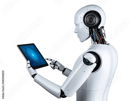 Ai robot using tablet isolate on White background 