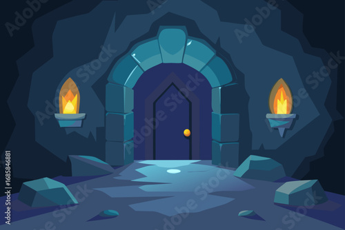 A haunted cloister's ancient stone arches glow under a gothic moon on a Halloween night in the woods