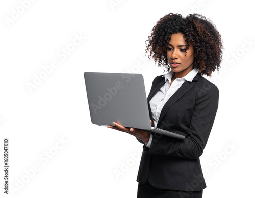 Businesswoman puzzled by a laptop with file cabinet drawers, symbolizing digital file