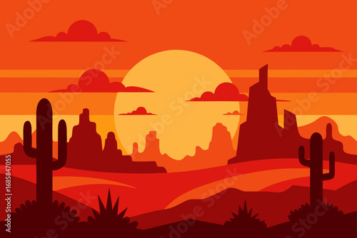 Vector illustration of a desert landscape with a beautiful sunset over the mountains and trees