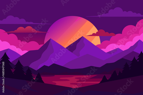 A vibrant sunset over a winter mountain landscape, a beautiful silhouette of nature's range