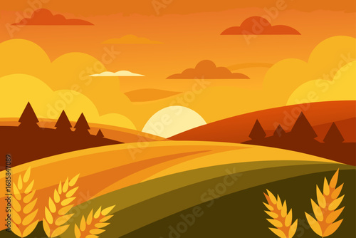 Autumn landscape vector illustration of a sunset over mountains