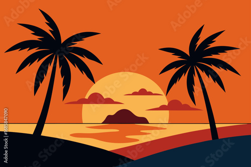 A tranquil tropical beach sunset with palm trees silhouetted against a vibrant orange sky