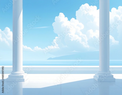 Tranquil colonnaded patio overlooking serene ocean