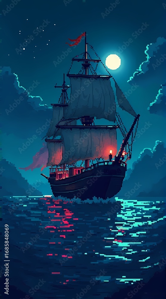 Obraz premium Pixel Art Sailing Ship on the Sea Under Moonlight Illustration