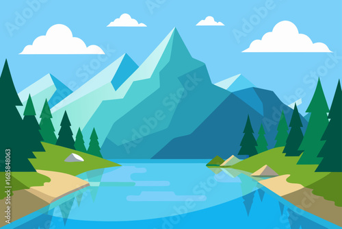 Snowy mountain peaks tower over a tranquil lake, reflecting a serene winter landscape with a clear sky