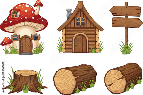Fantasy Mushroom House, Wooden Cabin, Tree Logs and Signpost Vector Set for Fairytale Forest, Nature, Village, or Game Design