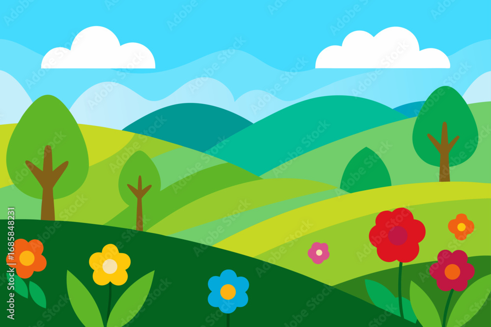 Fototapeta premium Beautiful summer and spring nature landscape with flowers, trees, and sky