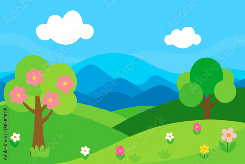 Beautiful cartoon summer landscape with green fields and trees under a clear blue sky