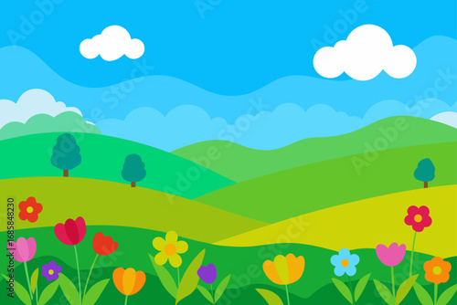 A vibrant summer landscape with green grass, blooming flowers, and majestic mountains under a blue sky with fluffy clouds