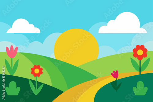 Vector landscape of a summer and spring meadow with colorful flowers, green grass, and trees under a cloudy sky