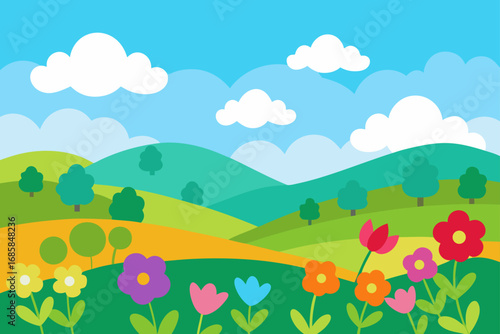 A vibrant summer landscape with green meadows, rolling hills, and a clear blue sky