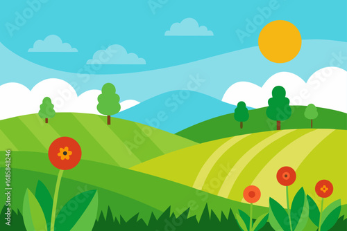 Green grassy summer landscape with a blue sky and sun, a picturesque cartoon nature scene with trees and hills