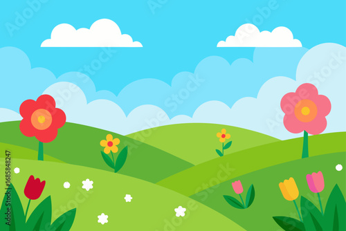 Vector landscape of a rural summer meadow with blooming flowers, a winding road, and mountains under a cloudy sky