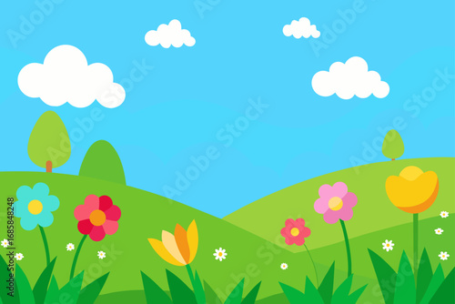 A sunlit meadow bursts with a vibrant illustration of spring flowers, green grass, and dancing butterflies beneath a blue sky