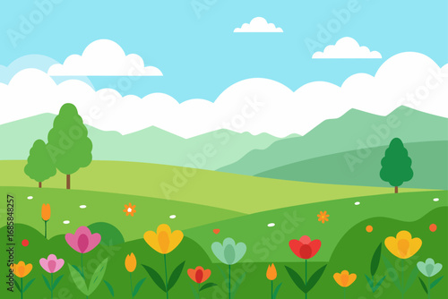A vibrant summer landscape with mountains, flowers, and a clear sky