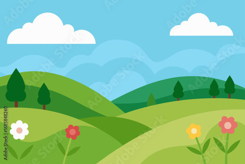 Vector landscape illustration with green hills and flowers under a sunny sky, showing the beauty of spring and summer seasons