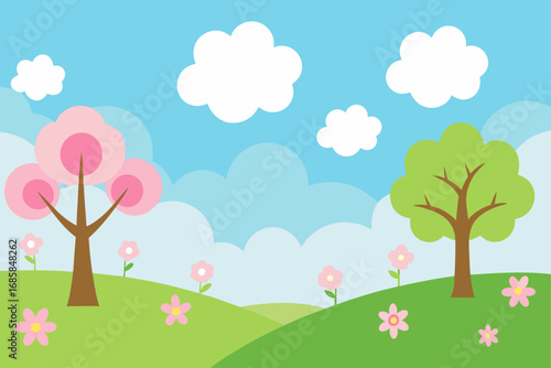 A vibrant summer landscape illustration of a sunny meadow with a single tree and colorful flowers under a bright blue sky