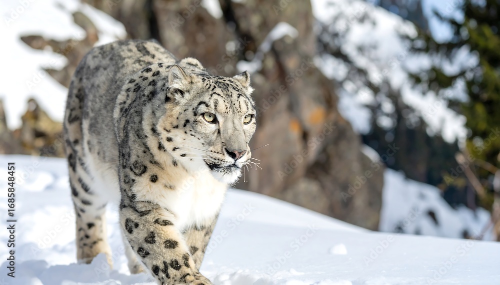 Obraz premium Snow leopard in snowy mountain landscape